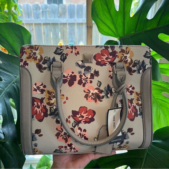 Nine West Handbags - Nine West Gray and Pink Satchel with Floral Accents